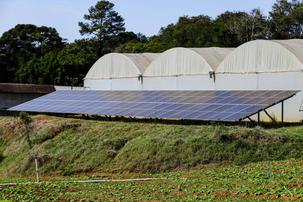 Colombo, 22 de maio de 2024 - Sistema de captura da energia solar com placas fotovoltaicas em propriedade rural em Colombo.